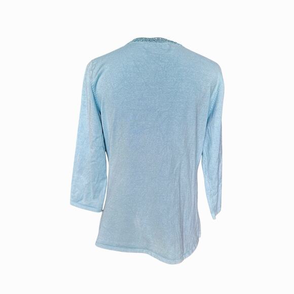 J.‎ Jill Mock sz M Wrap Knit Silk Blend Crochet Trim Sweater Turquoise - Picture 2 of 5